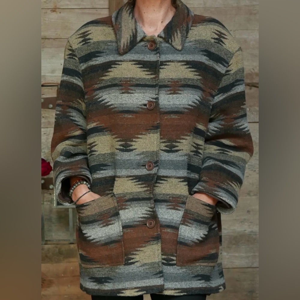 Vintage  1980s Warm Wool Coat Womens XL Southwest Print Button Up Lined